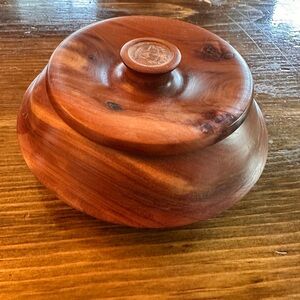 Hand Turned Bermuda Wood Lidded Bowl w/ Hog Coin | Unique Artisan Trinket Box